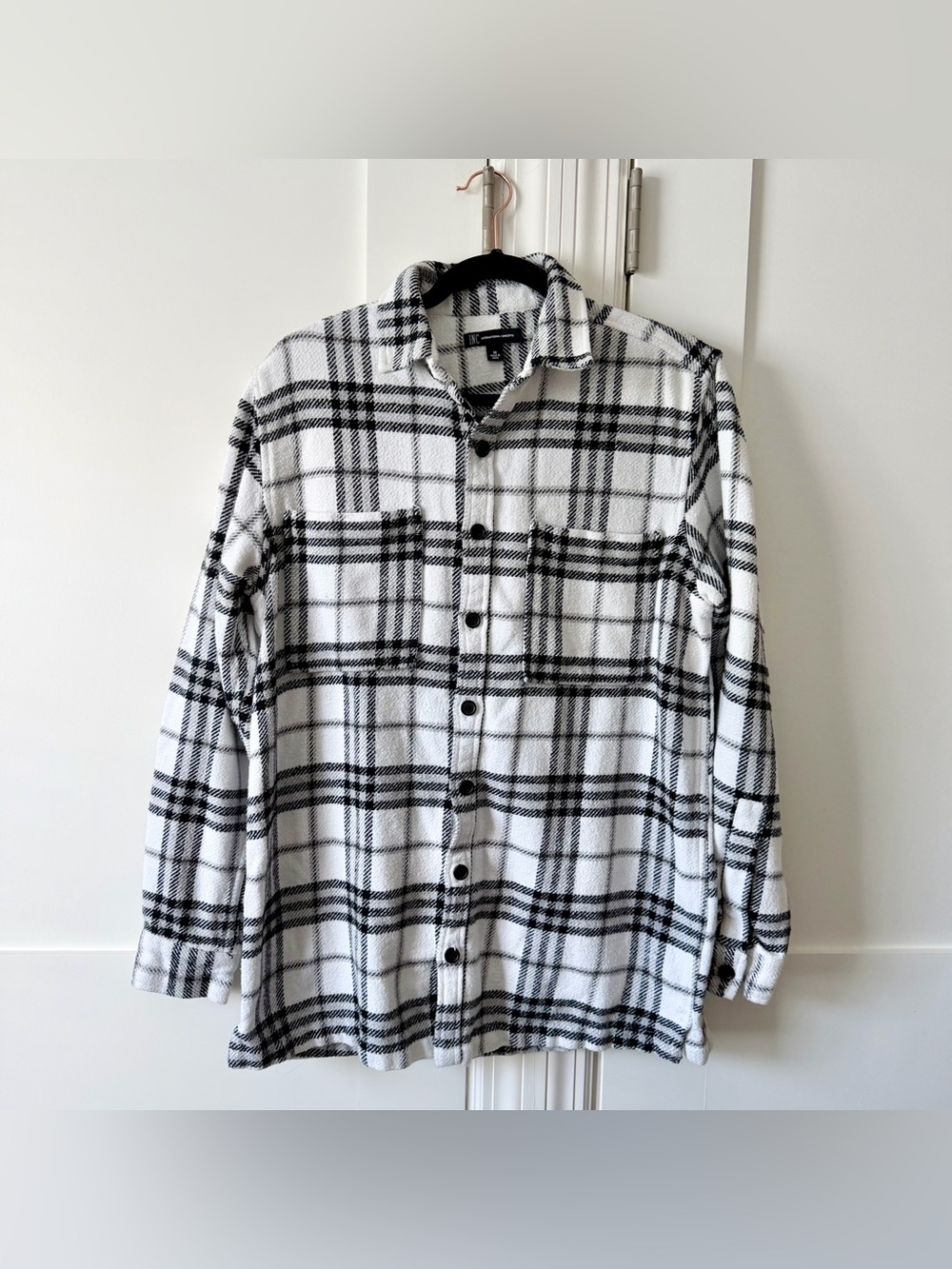 INC International Concepts Plaid Shirt Jacket Shacket Black White Sz M